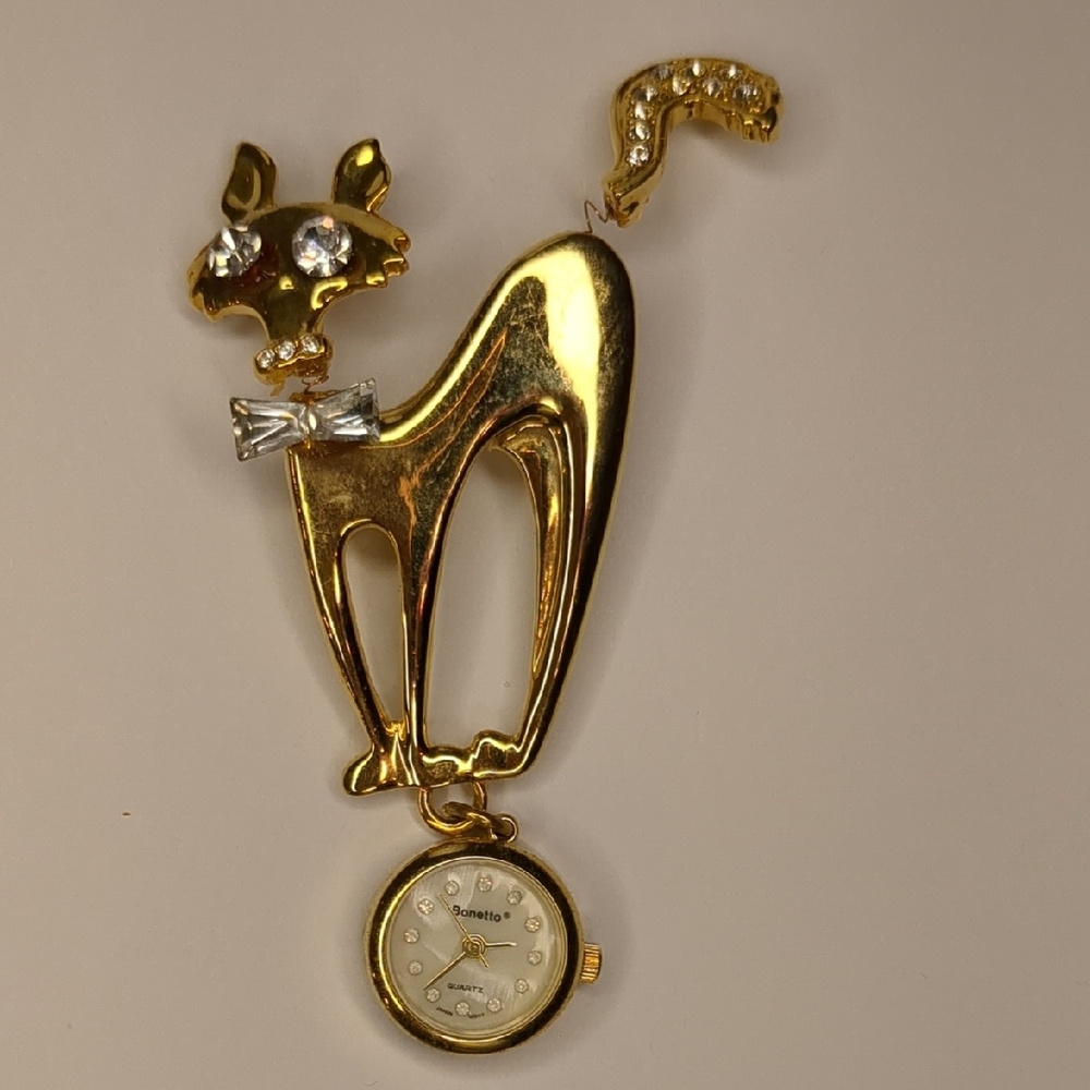 Vintage Bonetto Articulated Cat Brooch Clock Crystal Rhinestone Japan MCM